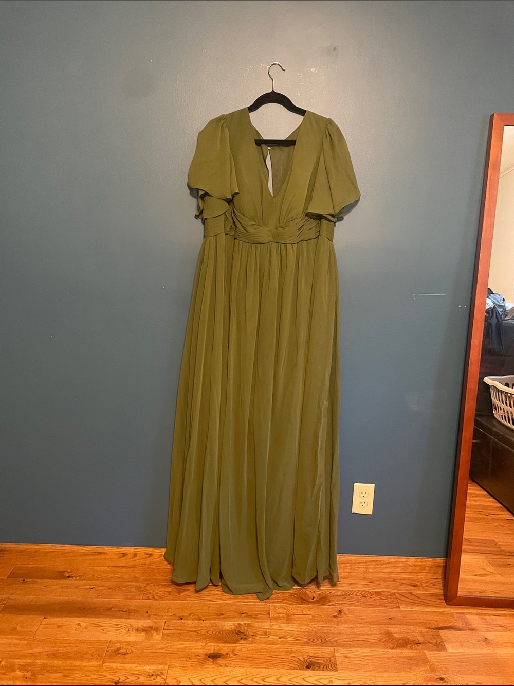 Azazie Verna - A-line V-neck Ruched Chiffon Dress - Olive Color A20